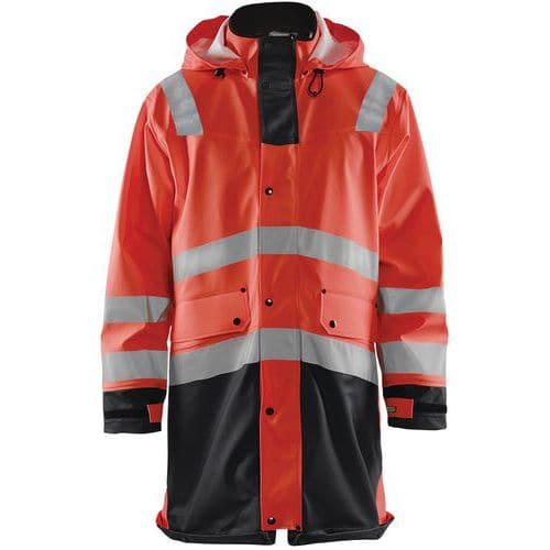 Manteau de pluie haute visibilité niveau 2 rouge fluorescent noir