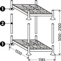 1 - base Manurack livrée en standard : 1 plateau + 4 pieds2 - 4 chandelles de gerbage pour superposition de 2 bases (chandelles non livrées, optionnelles)