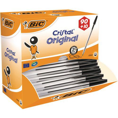 Balpen met dop Cristal - Doos van 90 + 10 gratis - Bic®