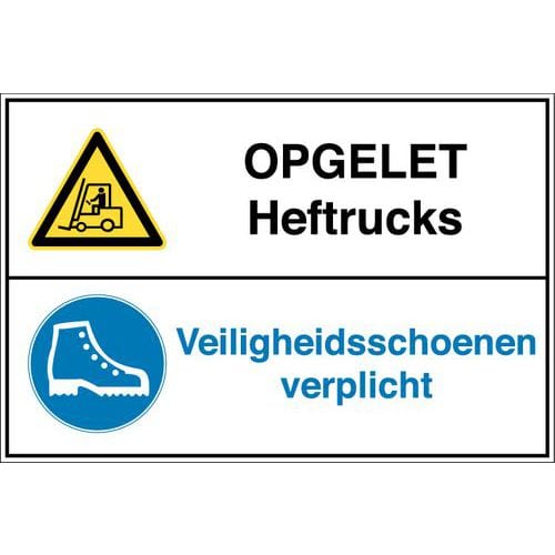 Gecombineerd waarschuwingsbord - Opgelet heftrucks - Zelfklevend