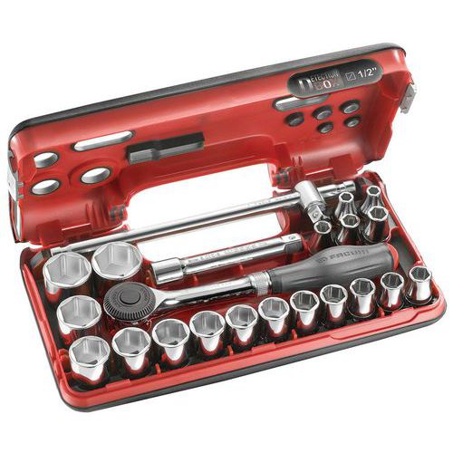 Coffret cliquet manche rotatif S.360 + douilles 1/2'' 6 pans - 21 pièces