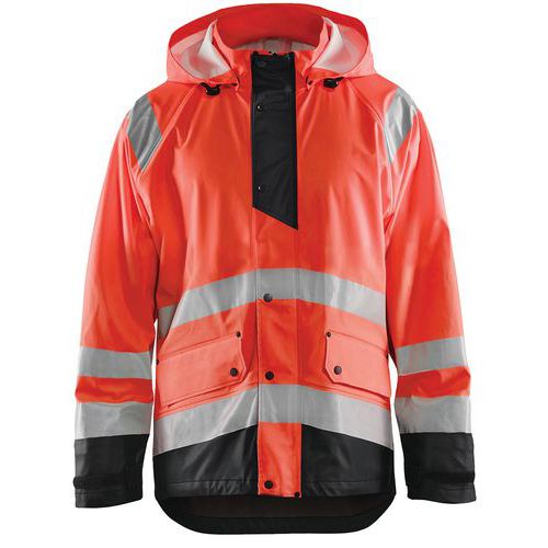 Veste de pluie haute visibilité niveau 1 rouge fluo/noir, bas réglable