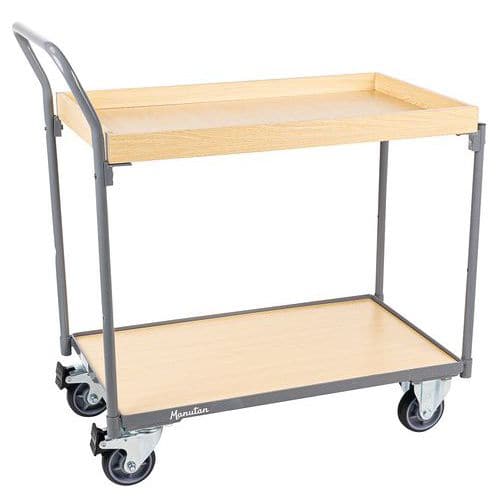 Chariot 250 kg plateaux bois rebord - Barre verticale - Manutan Expert