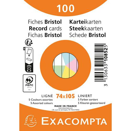 Fiche Bristol sous film ligné non perforé - Paquet de 100 - Exacompta